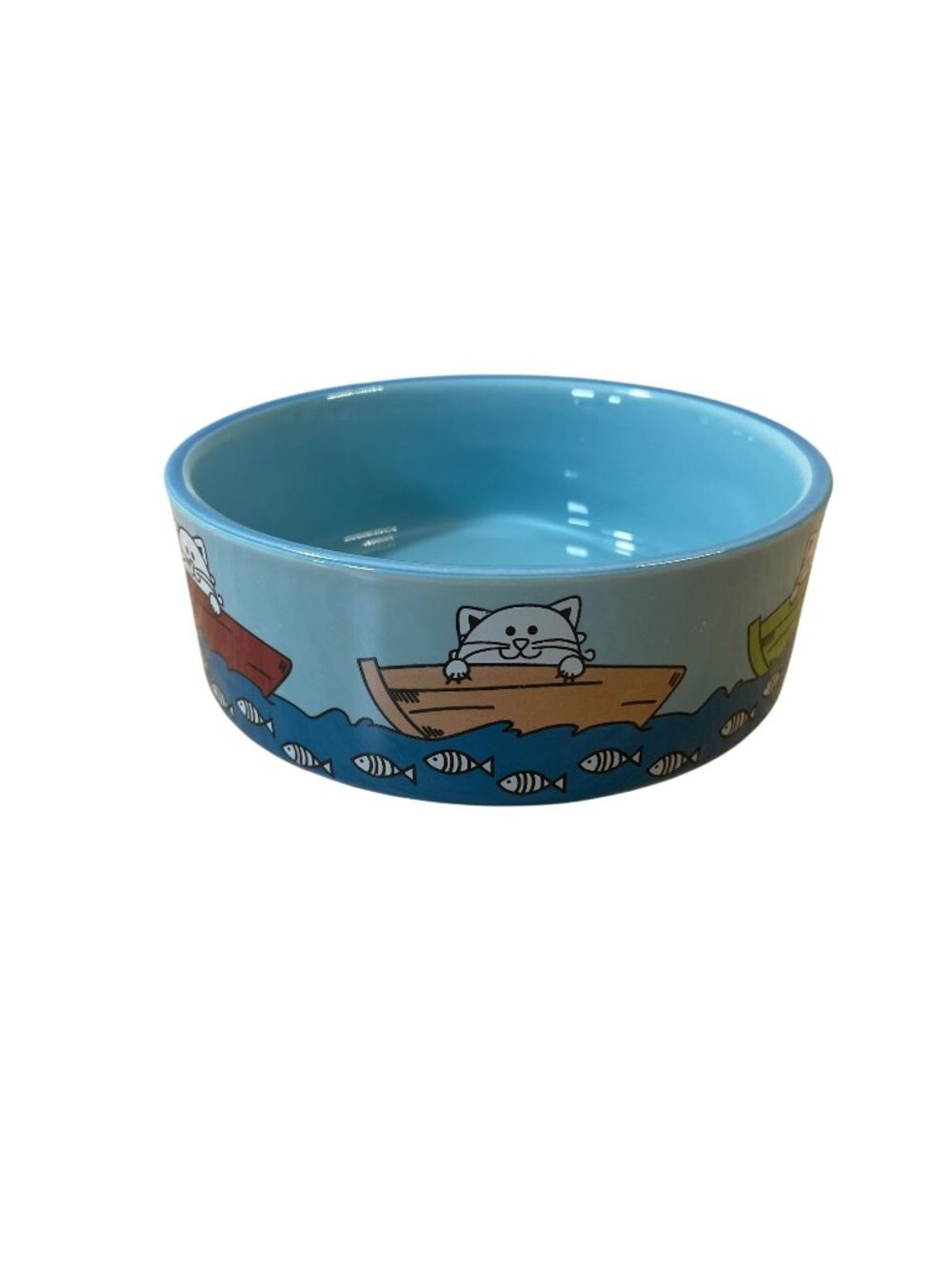 Whisker City Cats in Boats Ceramic Feline Bowl Feeder Blue
